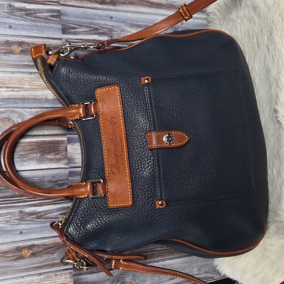 Dooney & Bourke Blue and Tan Pebbled Leather Shoulder Bag - Picture 1 of 15